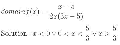 The domain of f(x)=(x-5)/(2x(3x-5)) is x<0\lor 0<x< 5/3 \lor x> 5/3